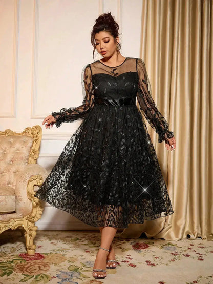 Sophisticated Dinner Dress with Sheer Sleeves and Sparkling Details for Galas by Dropshipman