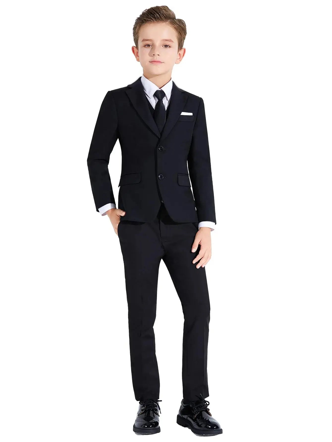 Colorful boys' formal suit set with slim-fit dresswear, including jacket, vest, shirt, pants, and tie from SHOPEZRA L.L.C.