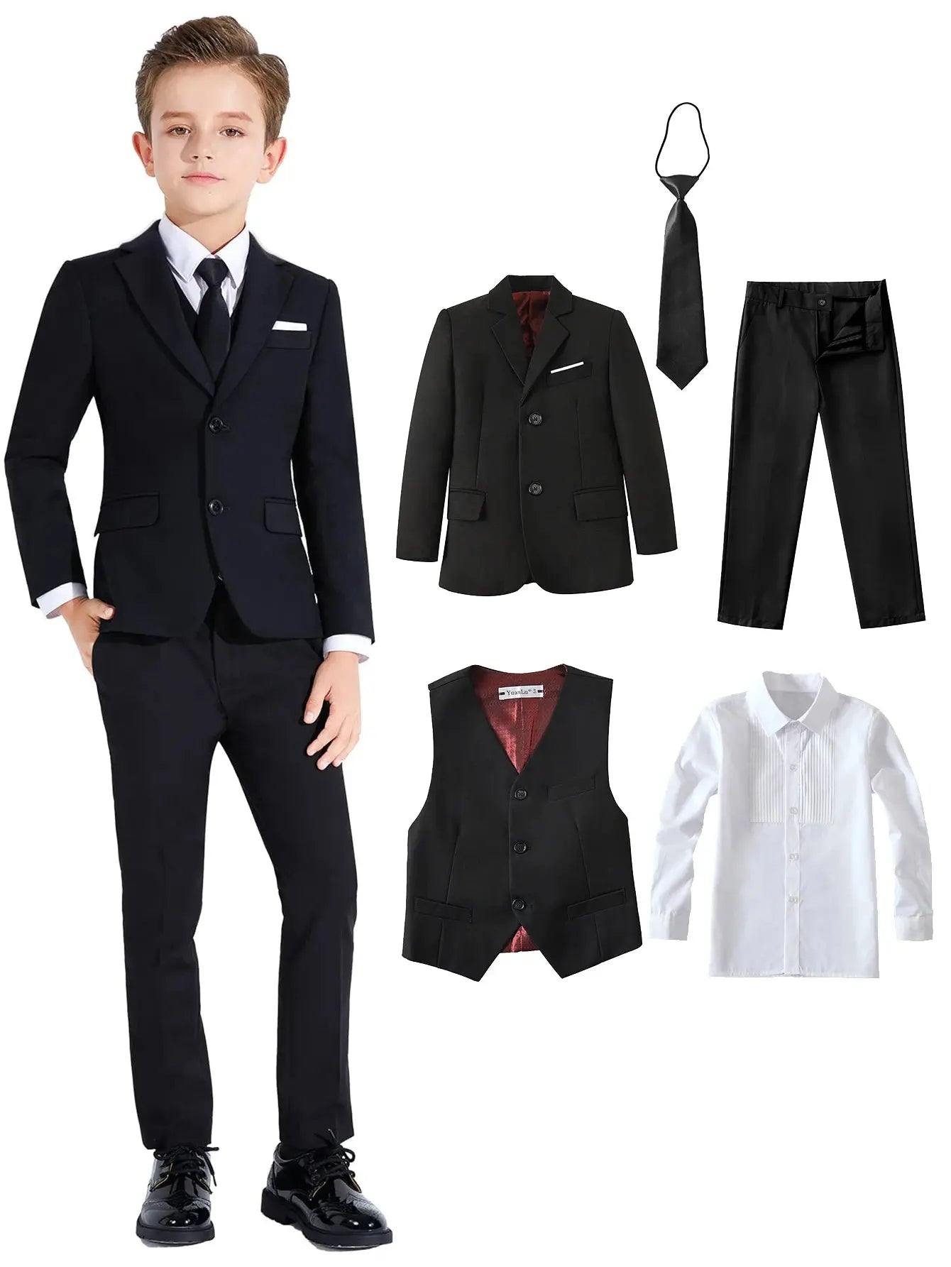 Boy wearing a colorful formal 5-piece slim fit suit set by SHOPEZRA L.L.C., featuring jacket, vest, shirt, tie, and pants.