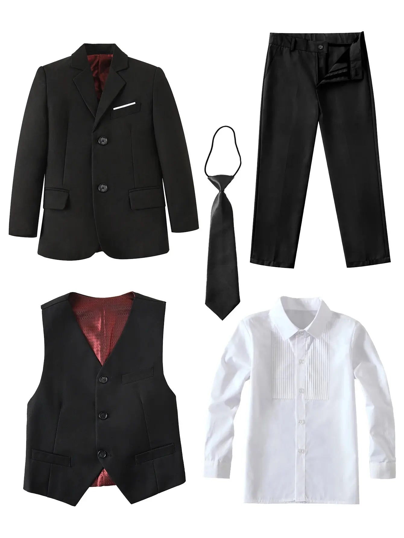 Colorful boys' formal suit set by SHOPEZRA L.L.C., 5-piece slim fit dresswear including jacket, vest, shirt, tie, and pants.