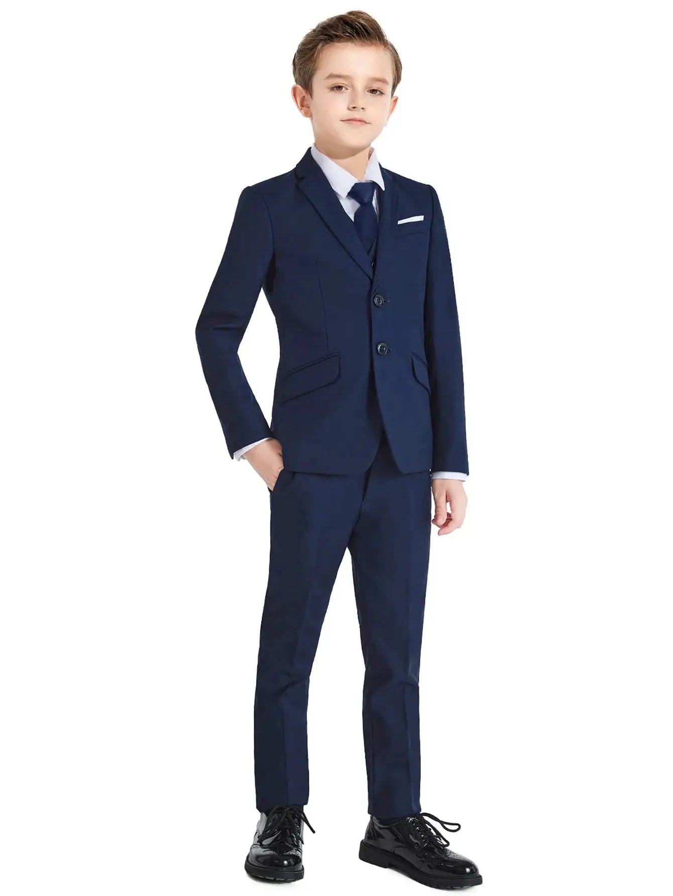 Colorful boys' slim fit formal suit set with five pieces, including blazer, shirt, tie, pants, and vest from SHOPEZRA L.L.C.