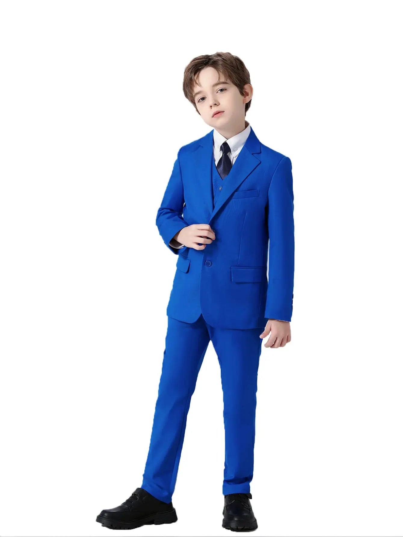 Colorful boys' formal suit set by SHOPEZRA L.L.C., includes five slim-fit dresswear pieces for school uniforms.