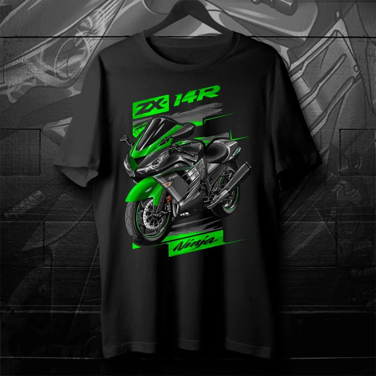 Black men's Japanese Ninja ZX-14R motorcycle T-shirt featuring 2012-2024 models, short sleeves, O-neck, 100% cotton, casual streetwear.