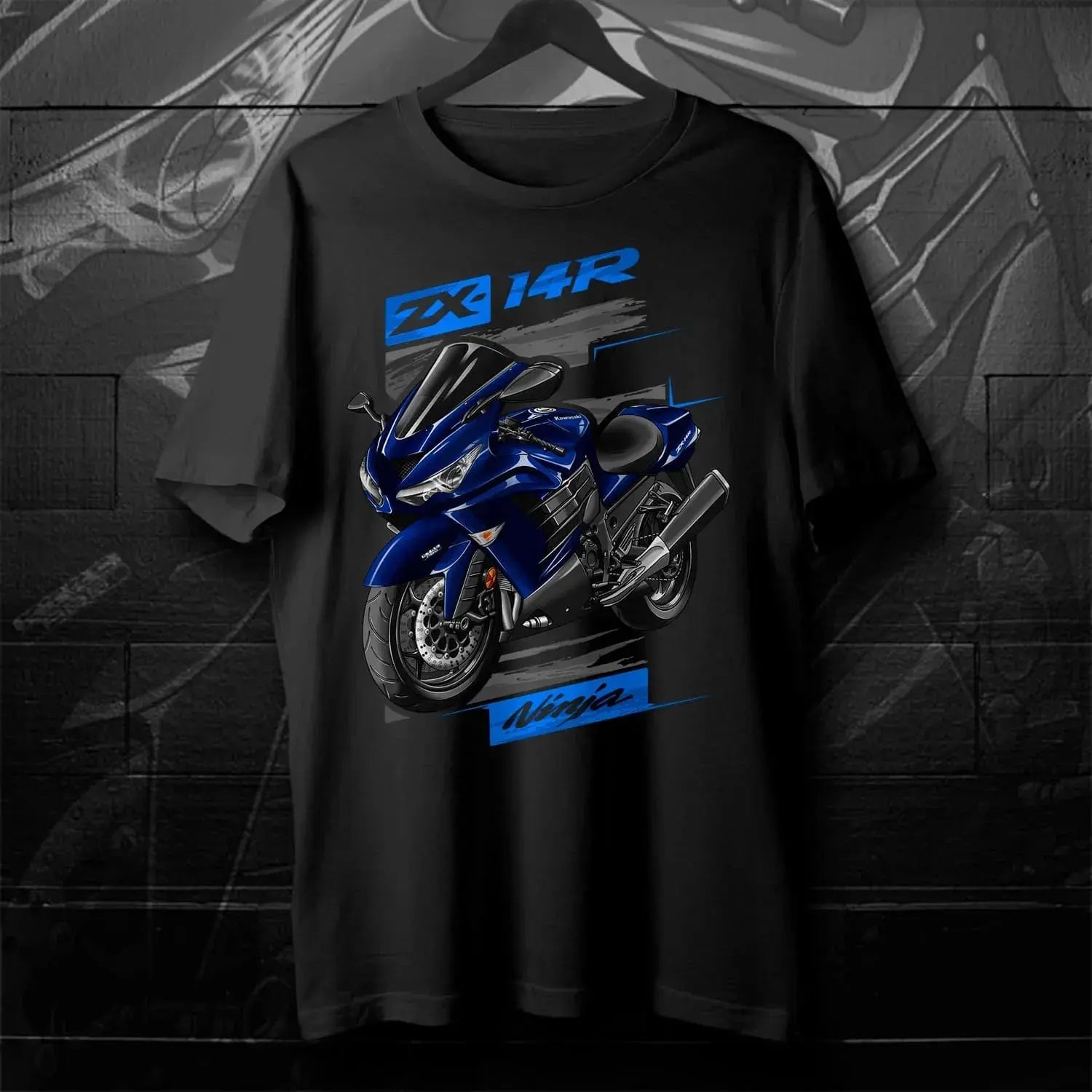 Black men's T-shirt featuring Japanese ninja ZX-14R motorcycle design, short sleeve, 100% cotton, casual summer streetwear style.