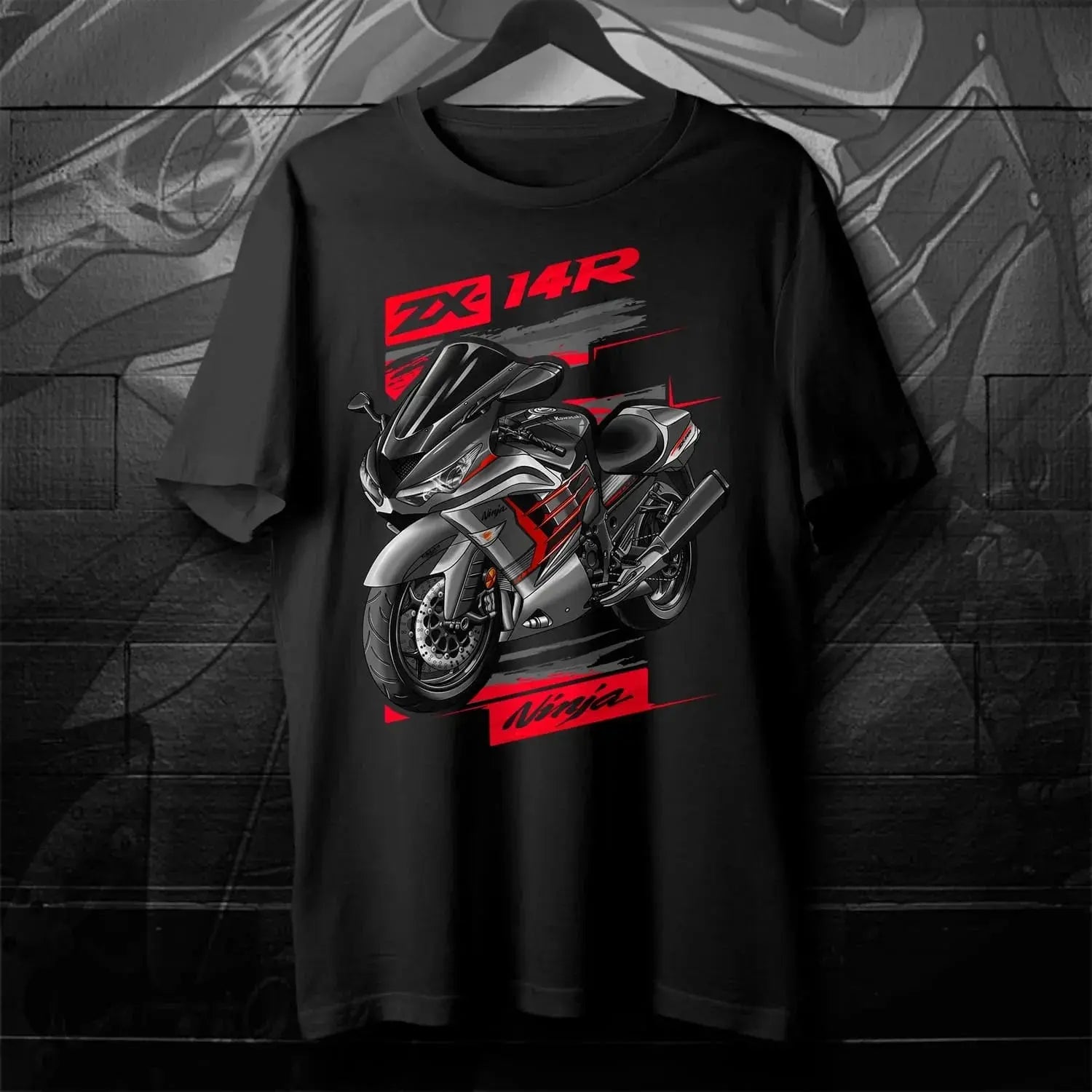 Black men's motorcycle T-shirt featuring Japanese Ninja ZX-14R models from 2012-2024, short sleeve, 100% cotton, casual streetwear.