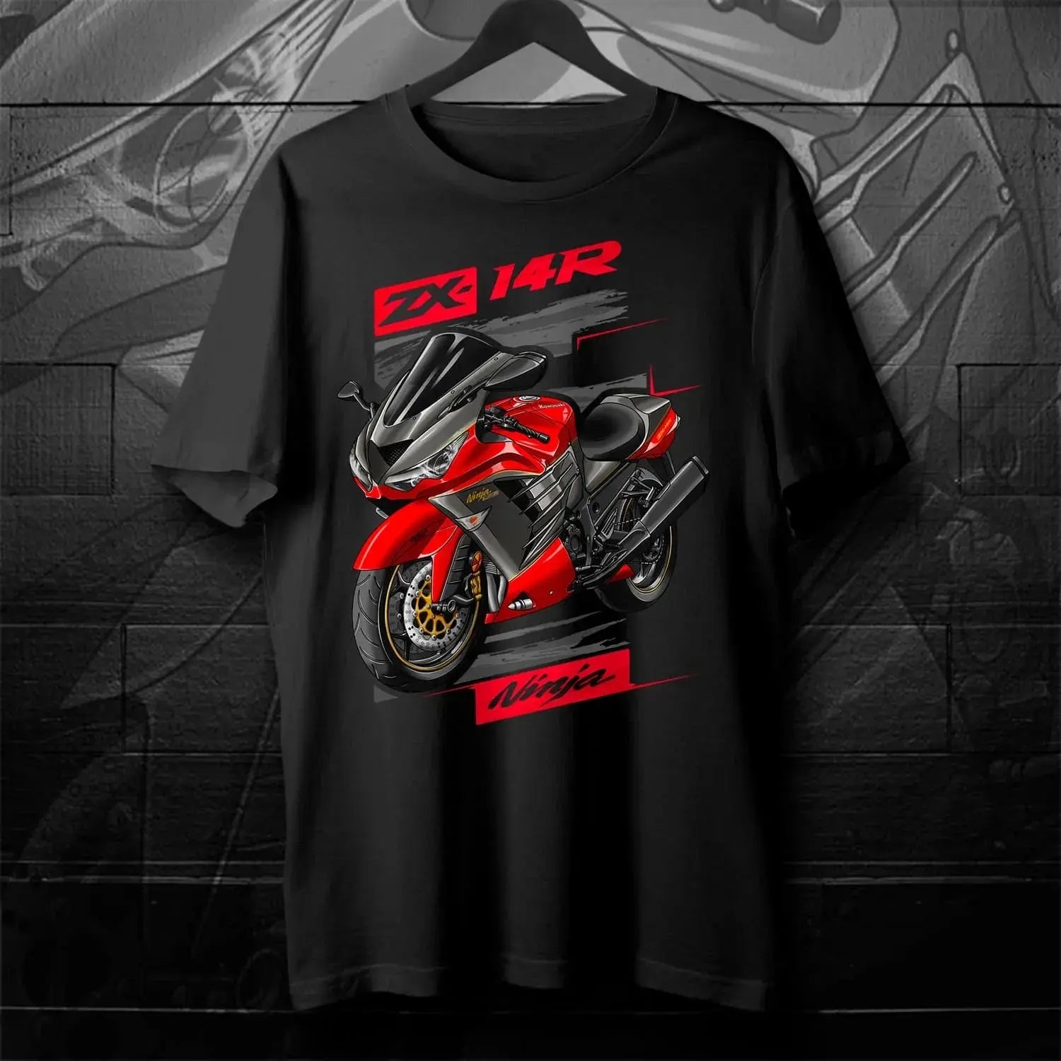 Black men's T-shirt featuring Japanese Ninja ZX-14R motorcycle design, short sleeve, 100% cotton, casual streetwear style.