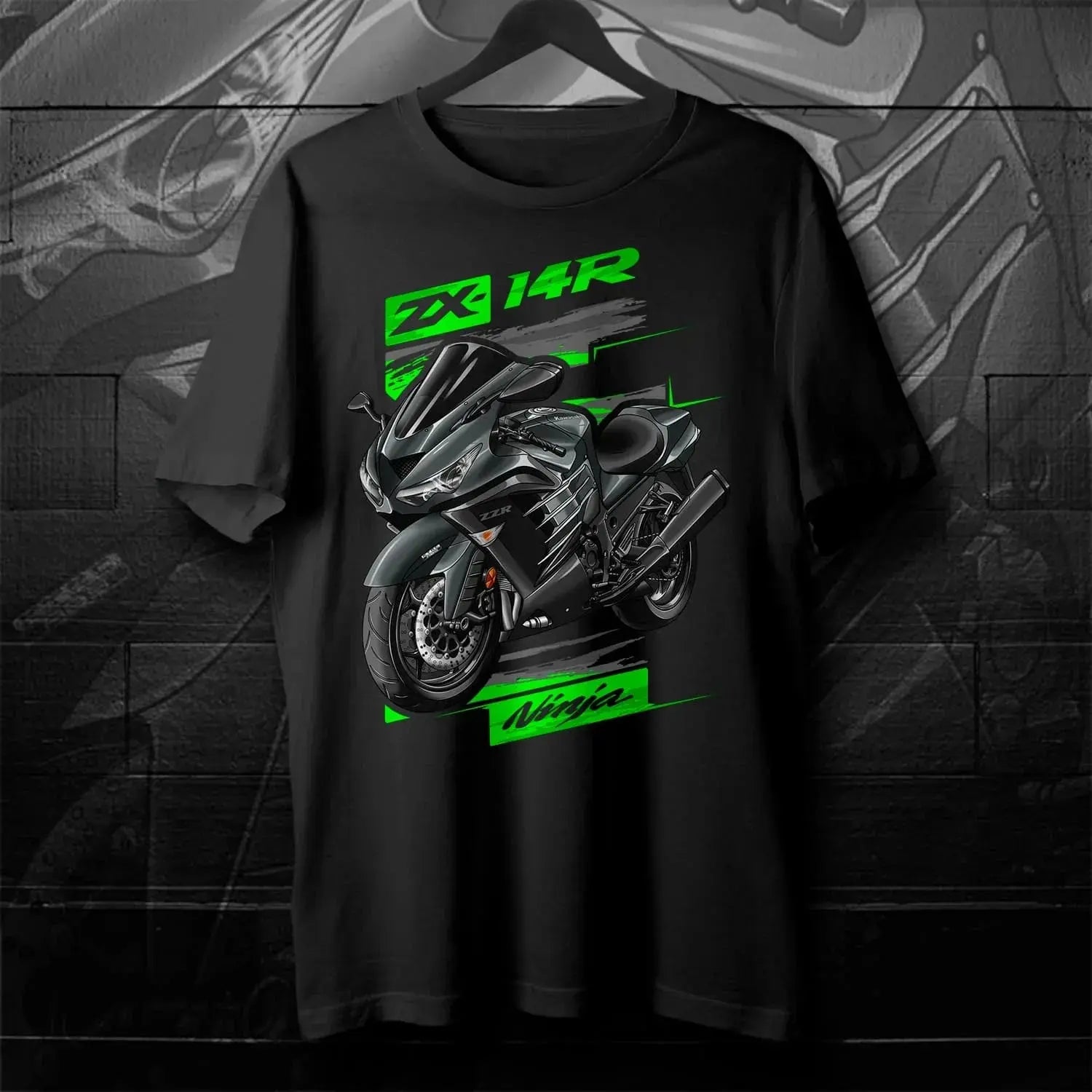 Black men's short sleeve T-shirt featuring Japanese Ninja ZX-14R motorcycle models from 2012-2024 in vibrant print, 100% cotton, casual streetwear.