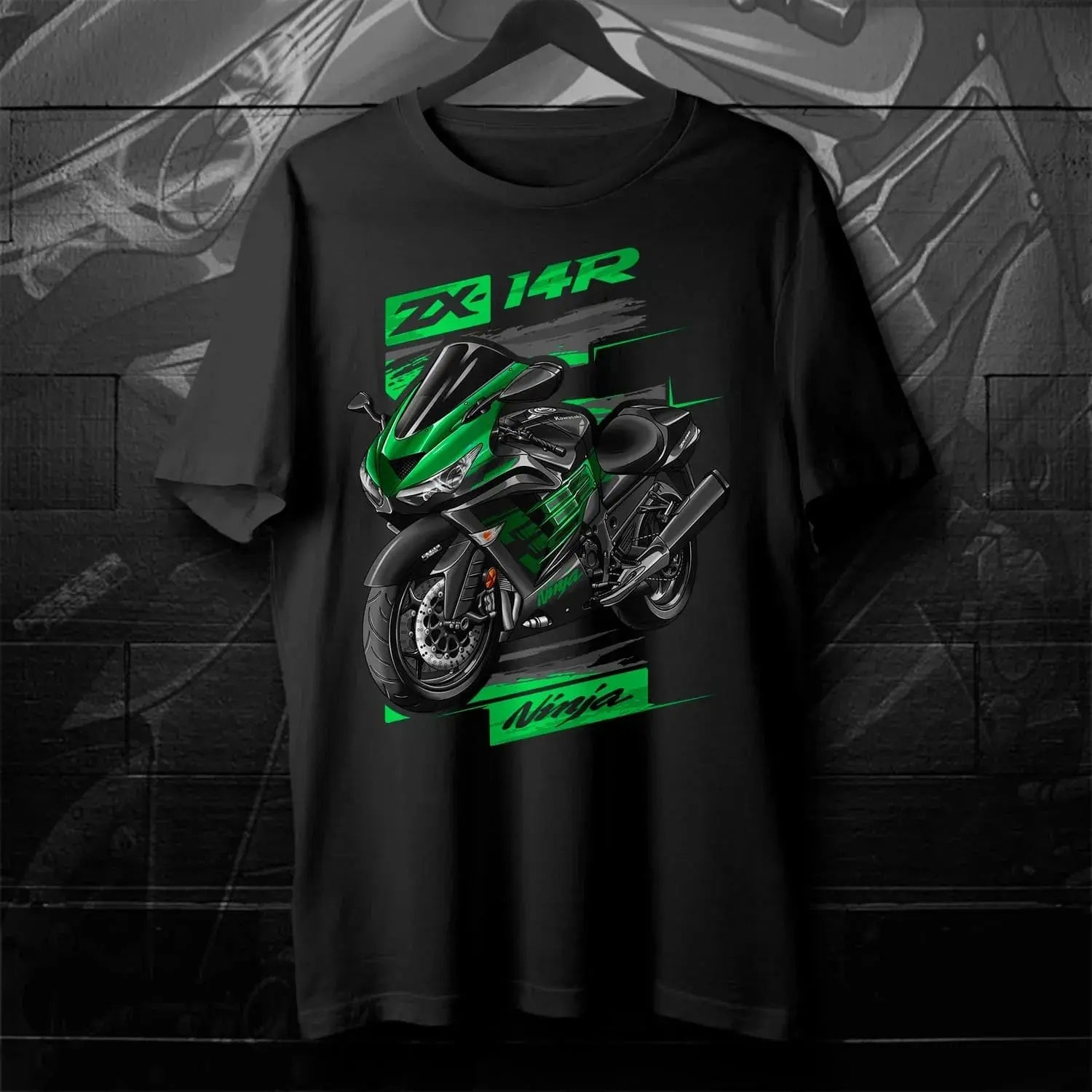 Black men's short sleeve T-shirt featuring Japanese Ninja ZX-14R motorcycle design, 100% cotton, O-neck, casual streetwear style.