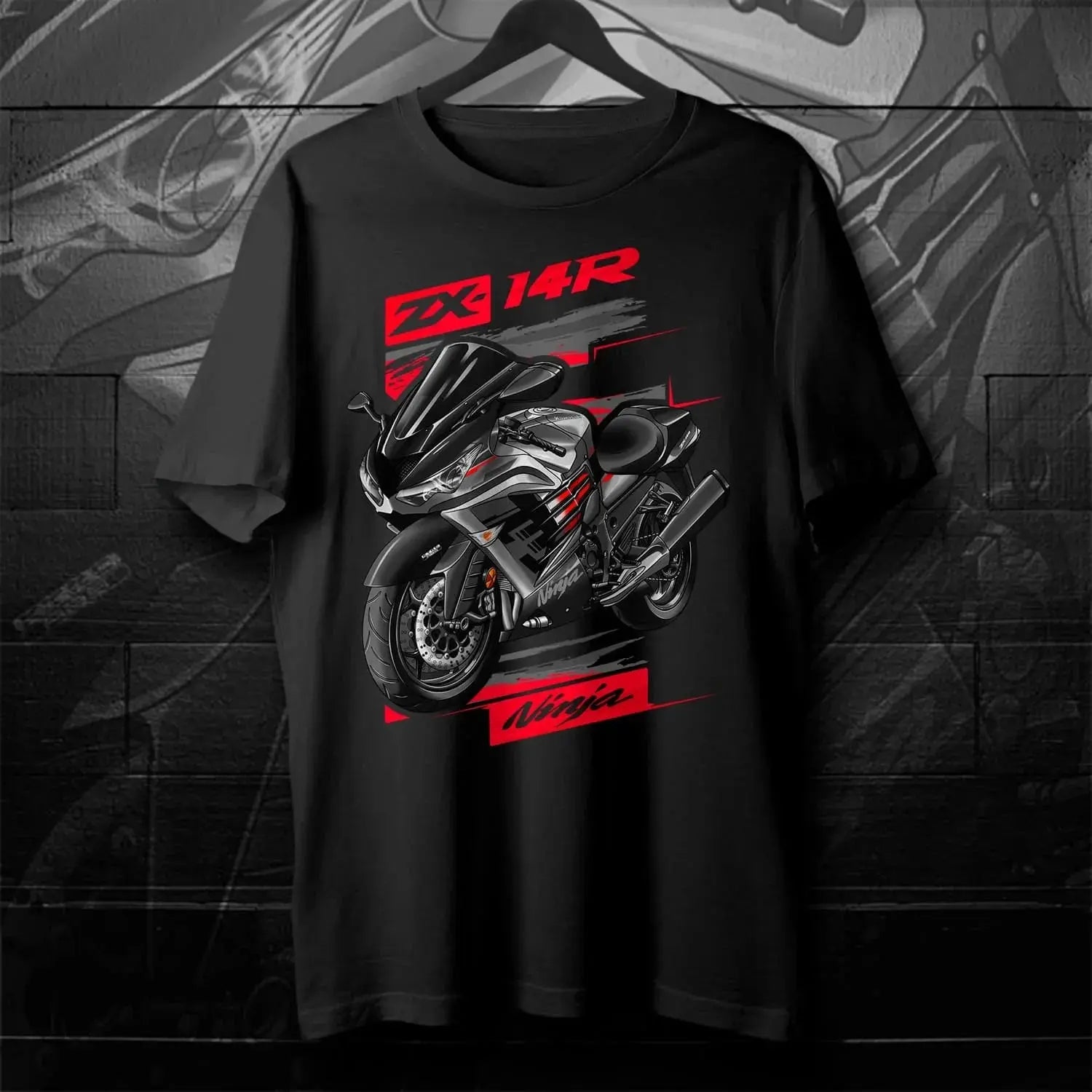 Black men's T-shirt featuring Japanese Ninja ZX-14R motorcycle design, short sleeve, 100% cotton, casual summer streetwear.
