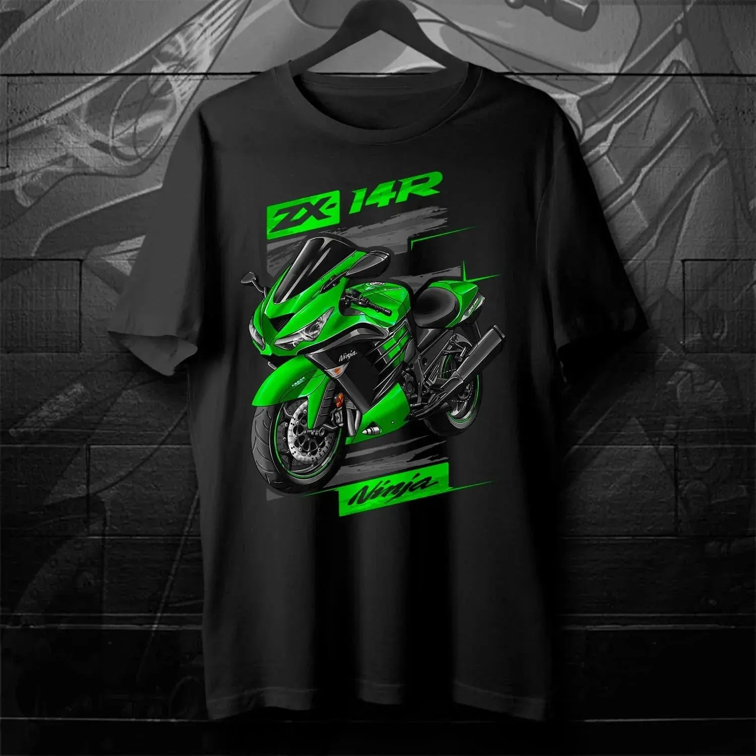 Black men's motorcycle T-shirt featuring Japanese Ninja ZX-14R design, short sleeve, 100% cotton, casual streetwear style.