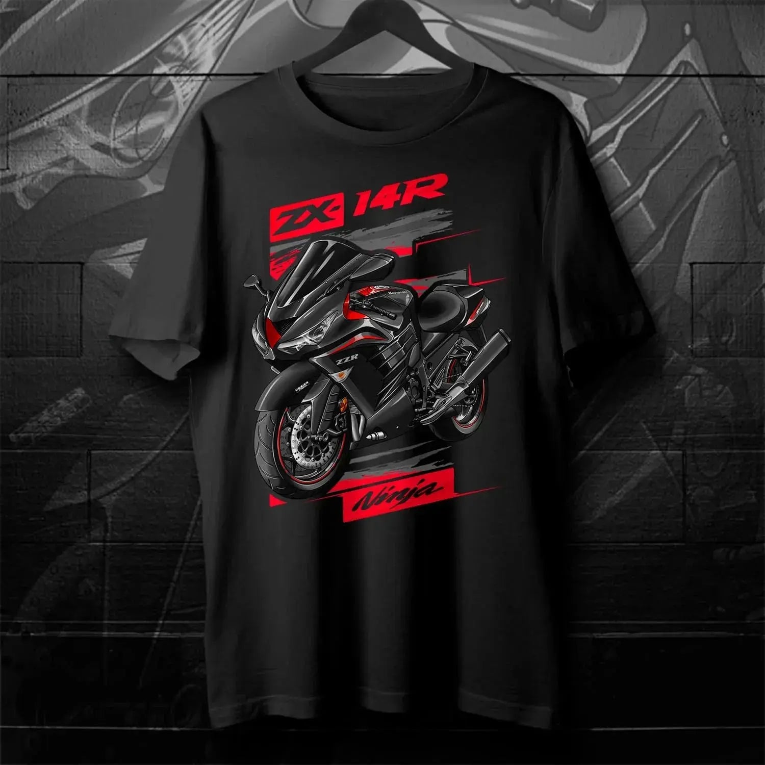 Black men's motorcycle T-shirt featuring Japanese Ninja ZX-14R models from 2012-2024, short sleeve, 100% cotton, casual streetwear style.