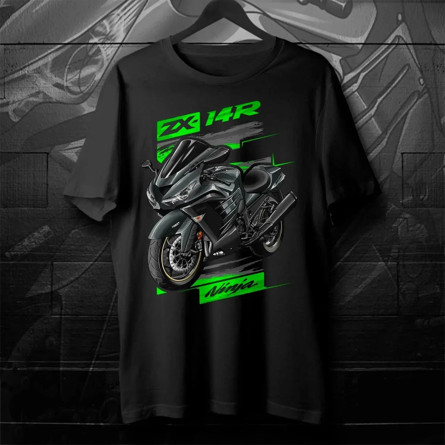 Black Japanese Ninja ZX-14R motorcycle T-shirt featuring 2012-2024 models, short sleeve, O-neck, 100% cotton, casual streetwear for men.