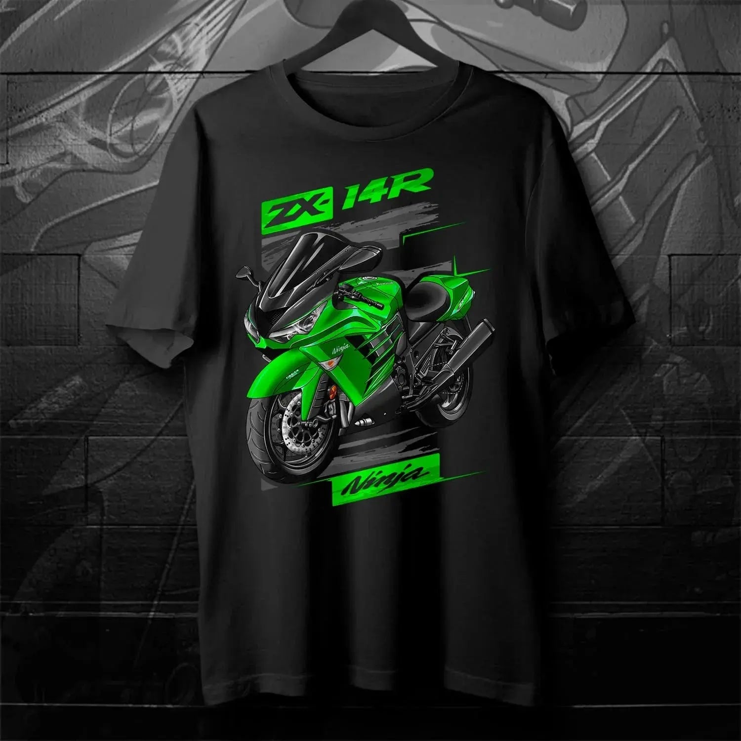 Black men's T-shirt featuring 2012-2024 Japanese Ninja ZX-14R motorcycle design, short sleeve, 100% cotton, casual streetwear.