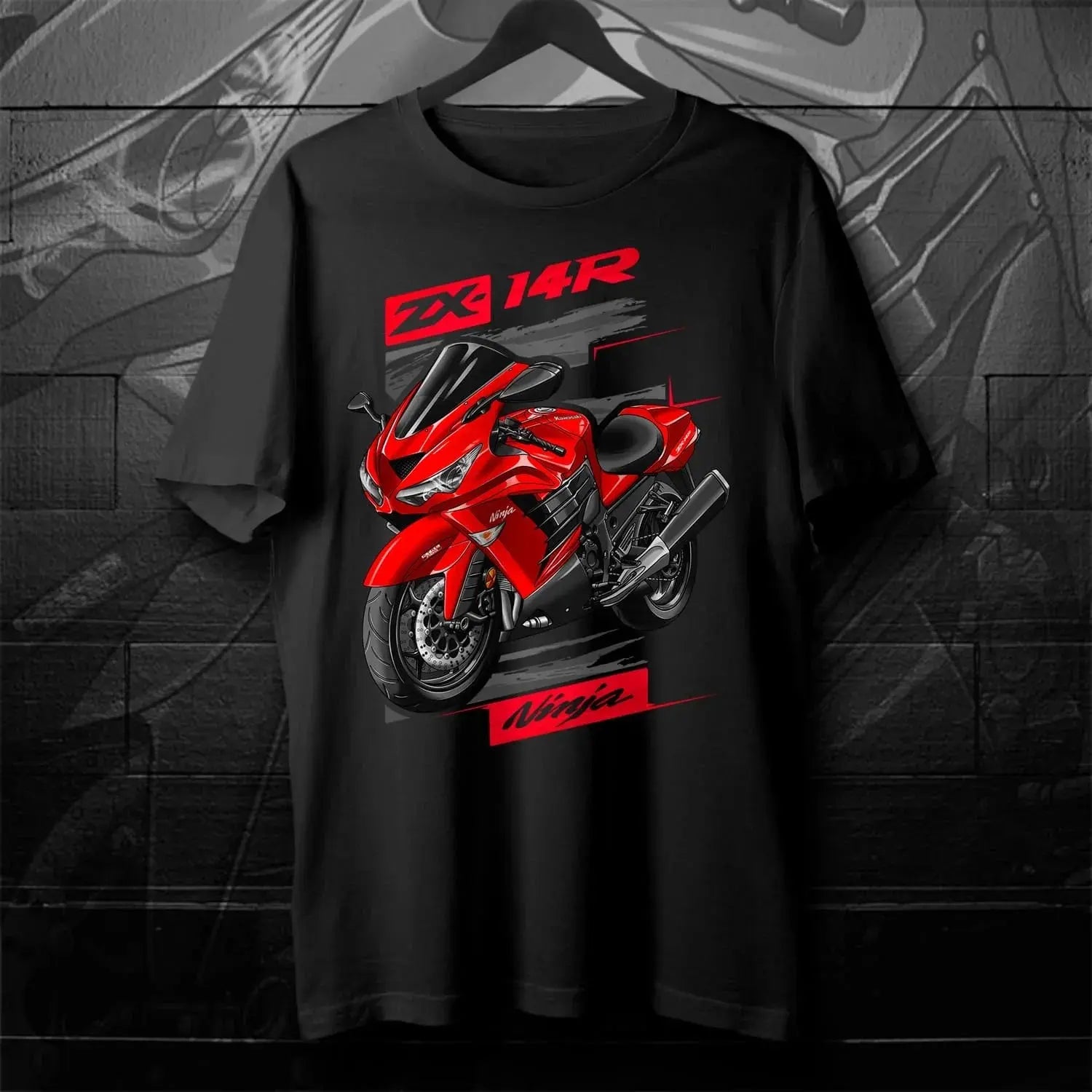 Black men's T-shirt featuring Japanese Ninja ZX-14R motorcycle design, short sleeve, 100% cotton, casual summer streetwear.