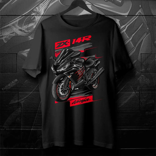 Black men's T-shirt featuring 2012-2024 Japanese Ninja ZX-14R motorcycle design, short sleeve, O-neck, 100% cotton, casual streetwear.