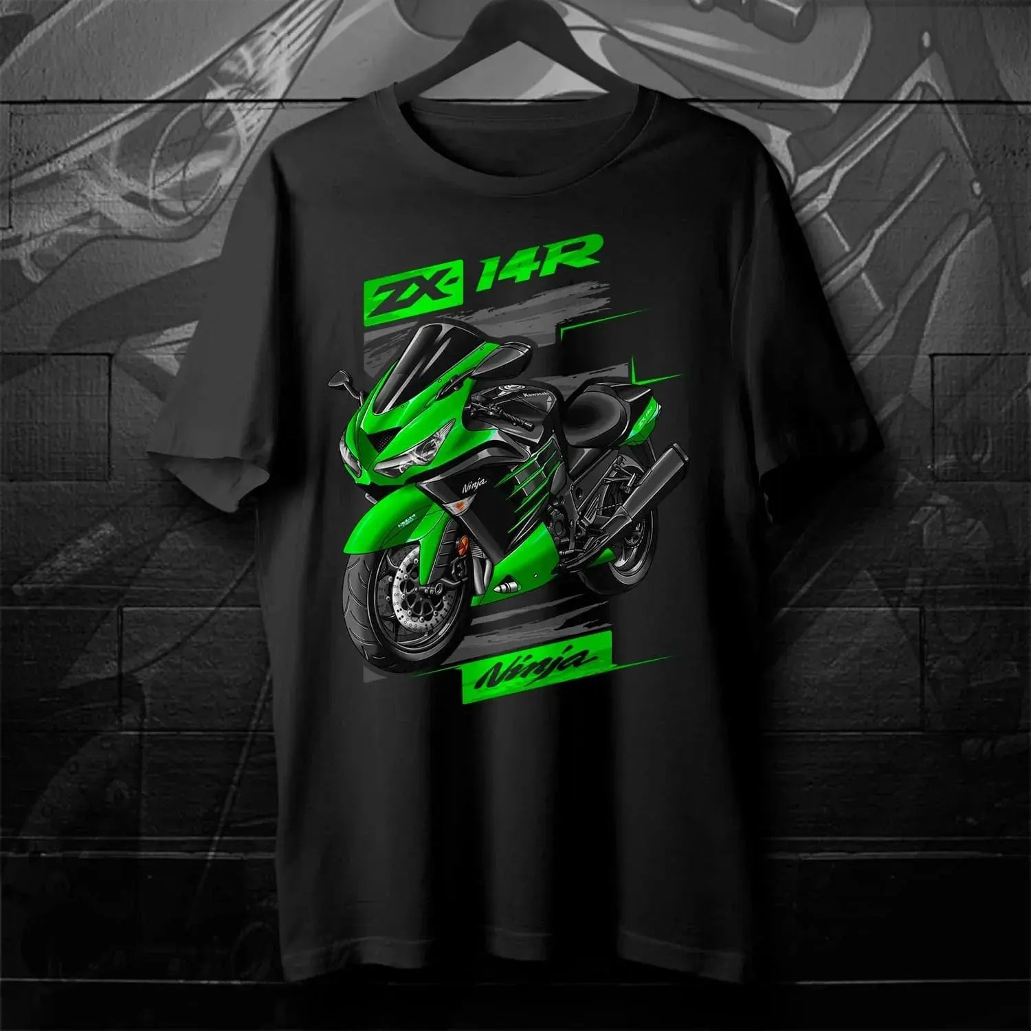Black men's motorcycle T-shirt featuring Japanese Ninja ZX-14R models from 2012 to 2024, short sleeve, 100% cotton, casual streetwear style.