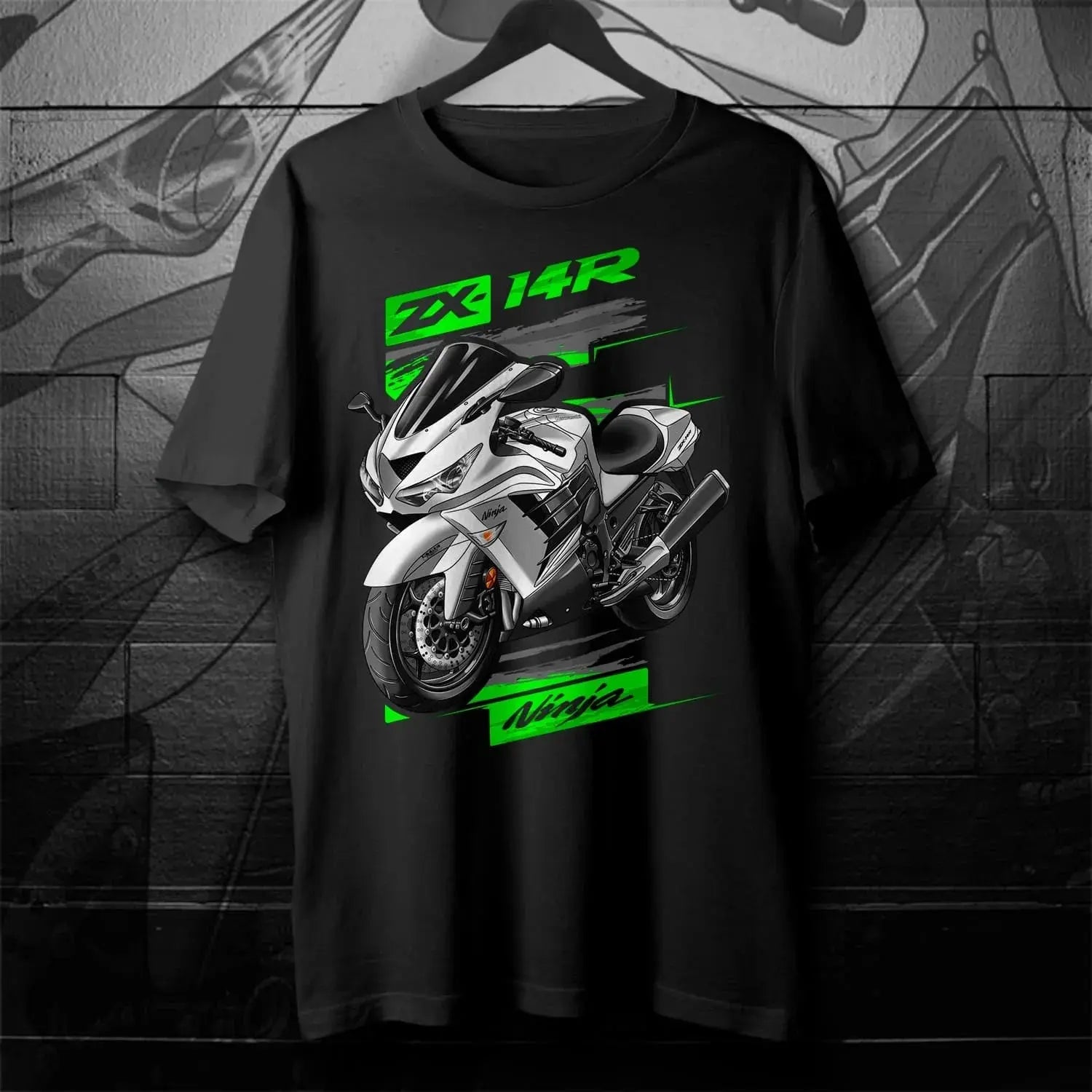 Black Japanese Ninja ZX-14R motorcycle T-shirt featuring 2012-2024 models, short sleeves, O-neck, casual streetwear for men.
