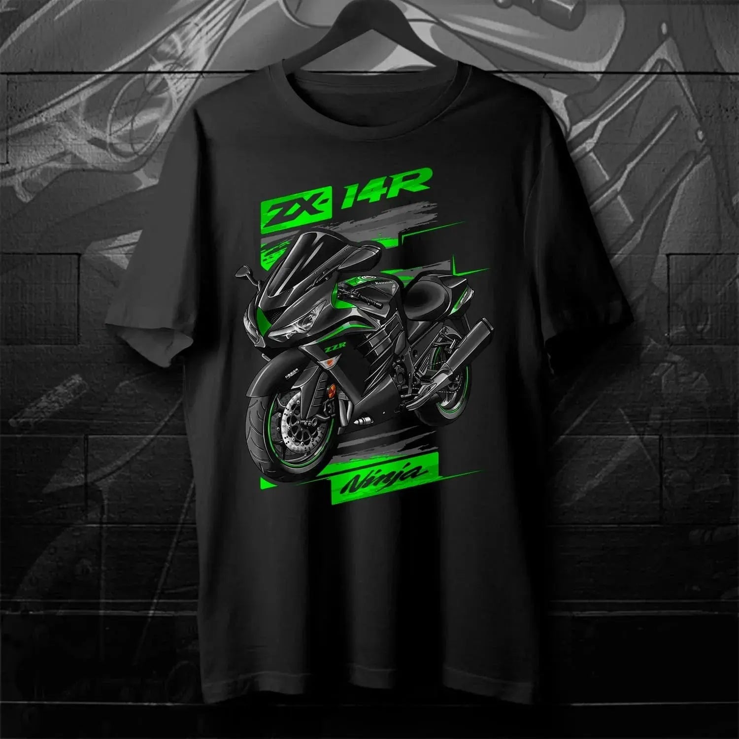 Black Ninja ZX-14R motorcycle T-shirt featuring 2012-2024 models, short sleeves, O-neck, 100% cotton, casual streetwear for men.