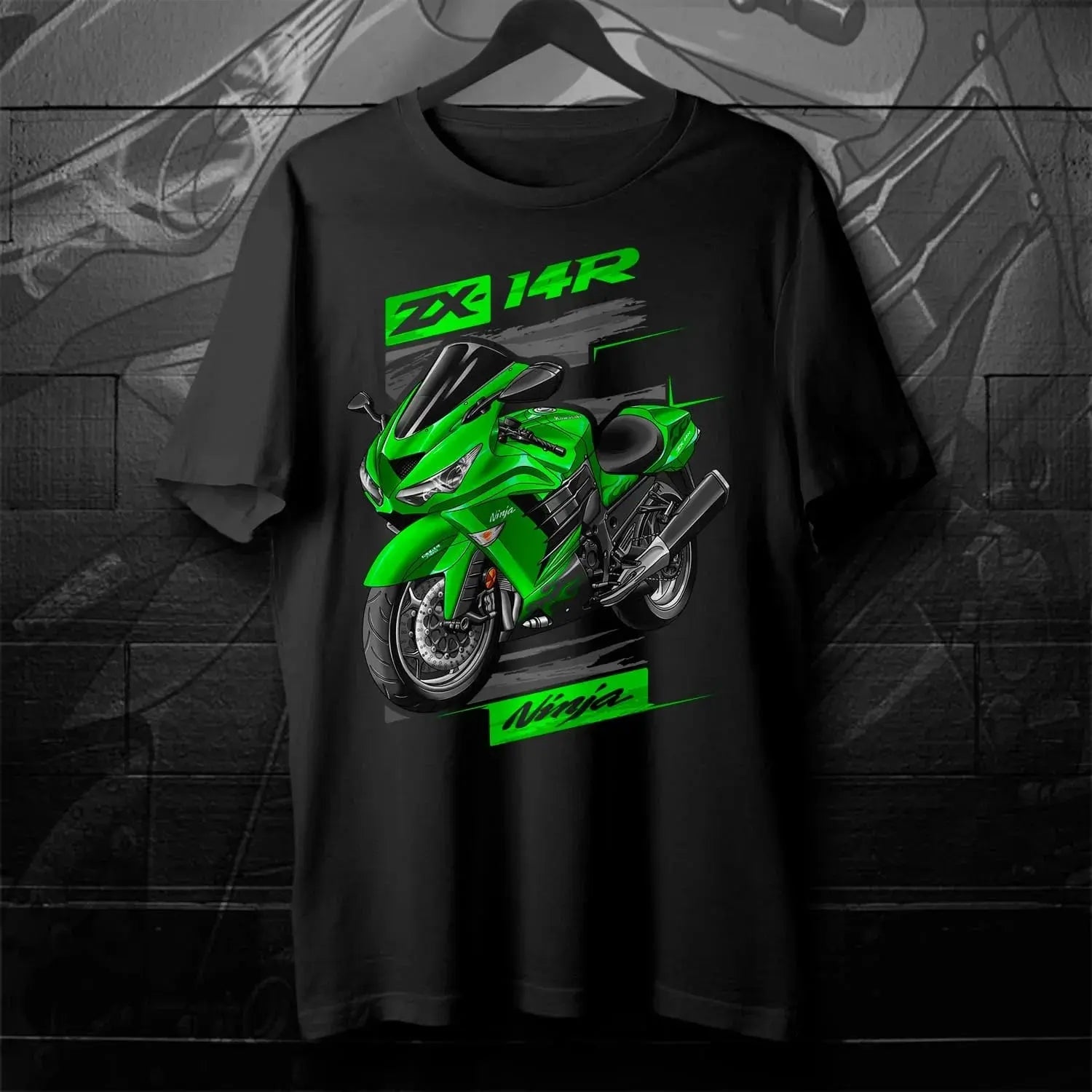 Black men's motorcycle T-shirt featuring 2012-2024 Japanese Ninja ZX-14R models, short sleeve, 100% cotton, casual streetwear style.