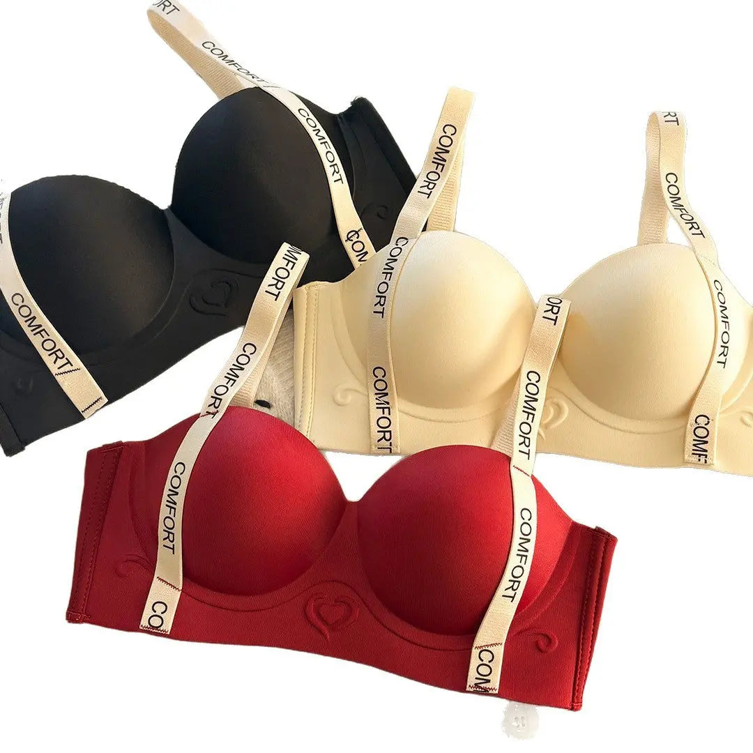 Black no-wire women's underwear with supportive design, adjustable letter bra, enhancing small breasts with lift and push-up features.