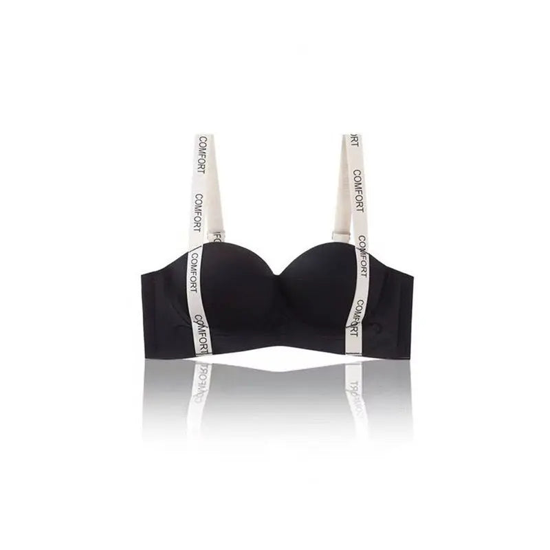 Black no-wire, traceless women's underwear from SHOPEZRA L.L.C. with supportive, adjustable letter bra for small breasts and push-up effect.