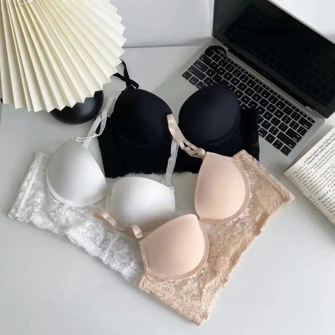 U-shaped back underwear large chest small full cup one-piece white lace gathered accessory breast anti-sagging bra by Dropshipman