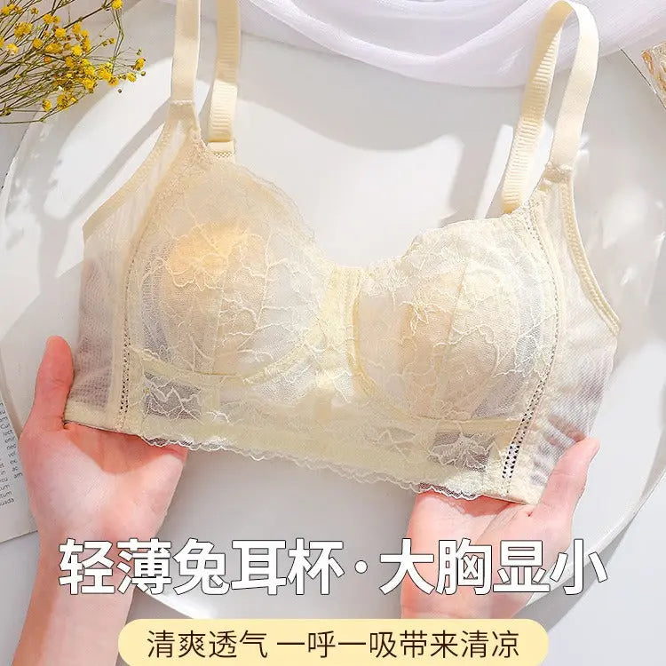 Black lace side-cinching wire-free bra for women with large breasts, breathable, comfortable, and designed to prevent sagging.