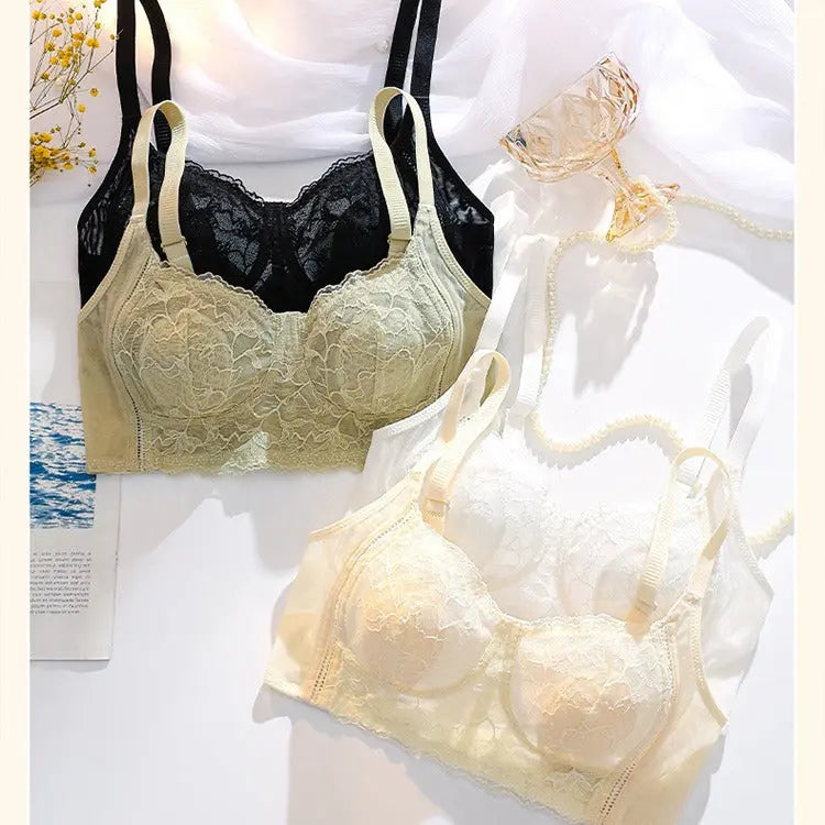 Black breathable wire-free lace bra from SHOPEZRA L.L.C. designed for large breasts, with side-cinching and comfortable, supportive fit.
