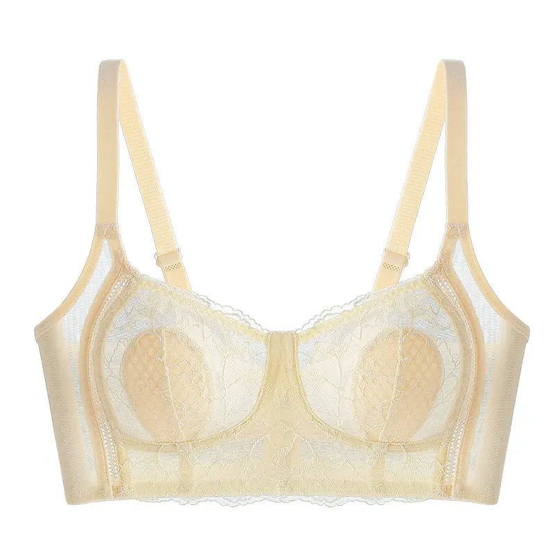 Black breathable wire-free lace bra for women with large breasts, featuring side-cinching design for comfort and support.