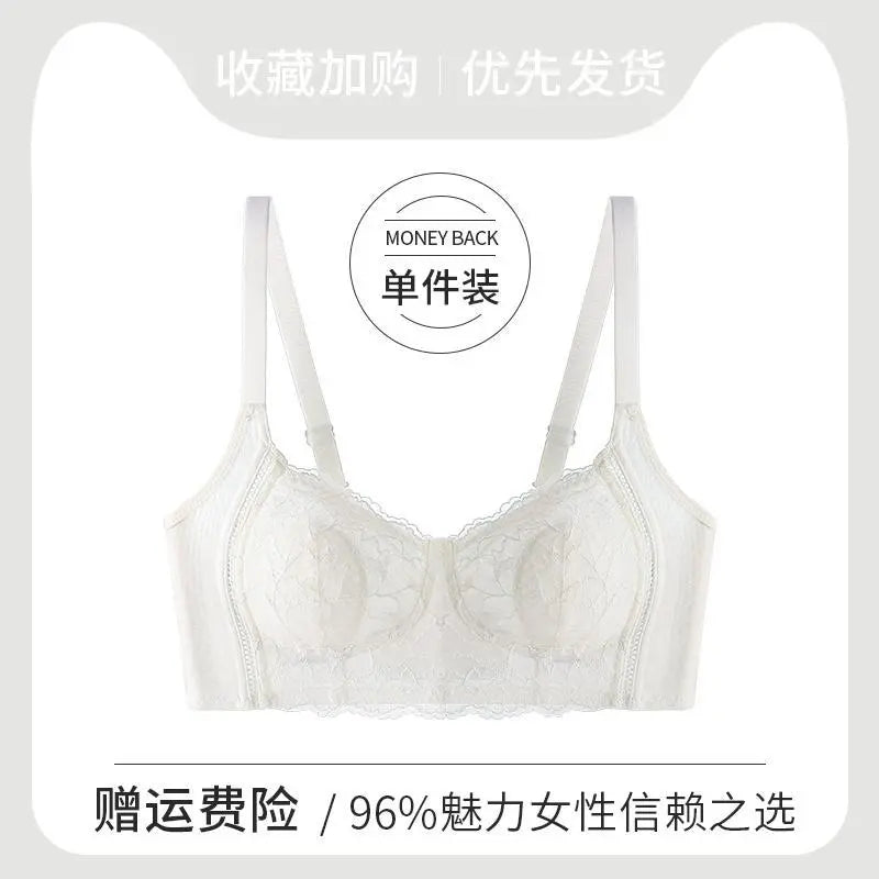 Black breathable wire-free lace bra for women with large breasts, featuring side-cinching design to prevent sagging and enhance comfort.