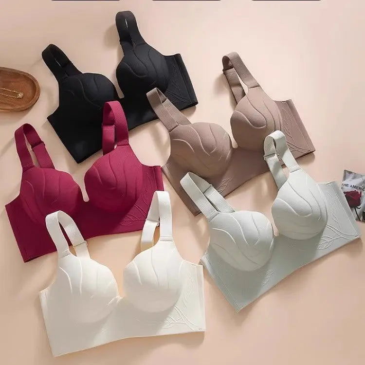 Black seamless women's underwear with soft support, push-up design, suitable for large breasts, anti-sagging, and expansion features.