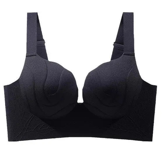 Black seamless large size women's bra by SHOPEZRA L.L.C., supportive, push-up, anti-sagging, soft fabric for large breasts.