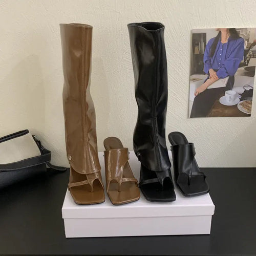 Black 2025 new style thong-toe Roman sandals for women, stiletto high heels, long tube boots, versatile outdoor slippers.