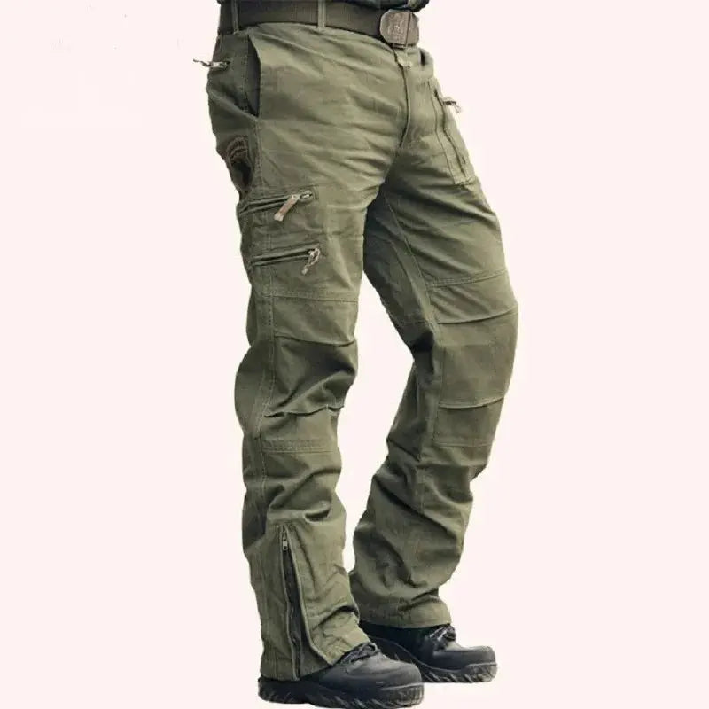 Men's tactical cargo pants in black cotton with green camouflage, multiple pockets, outdoor and work-ready design by SHOPEZRA L.L.C.