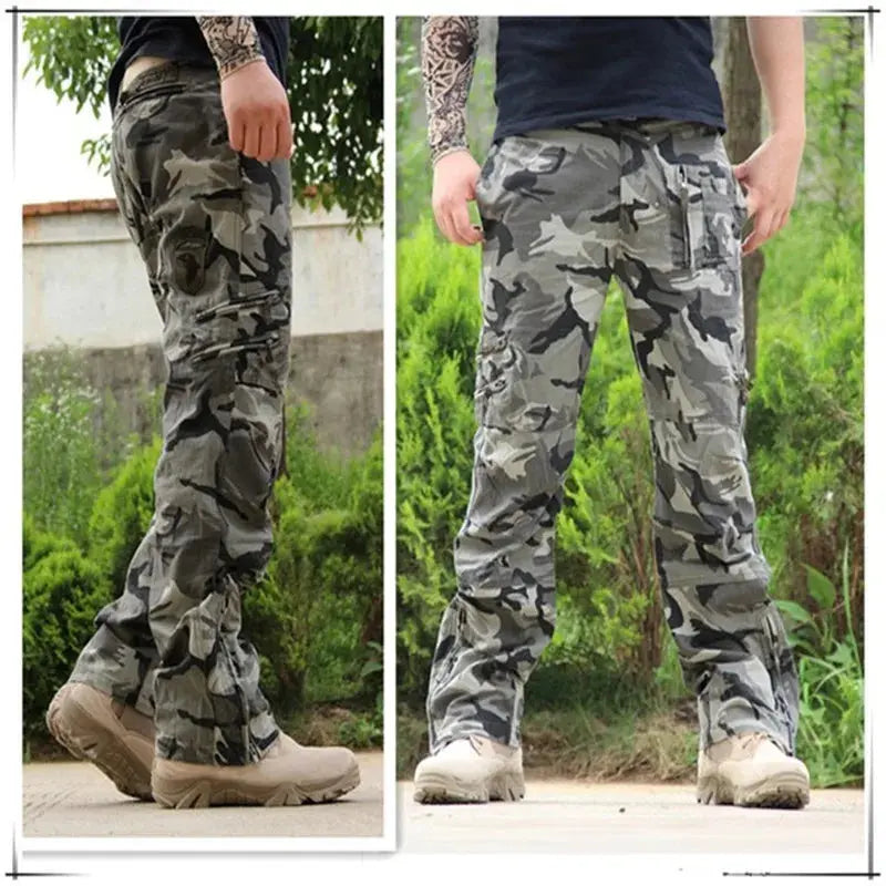 Men's tactical cargo pants in black camouflage with multiple pockets, made of durable cotton for outdoor work and vintage style.