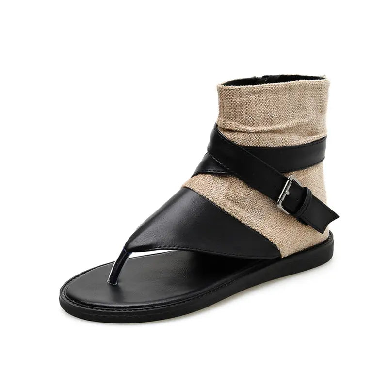 Black Korean-style thong-toe high-top sandals for women featuring flat soles and a modern spring-summer fashion design.