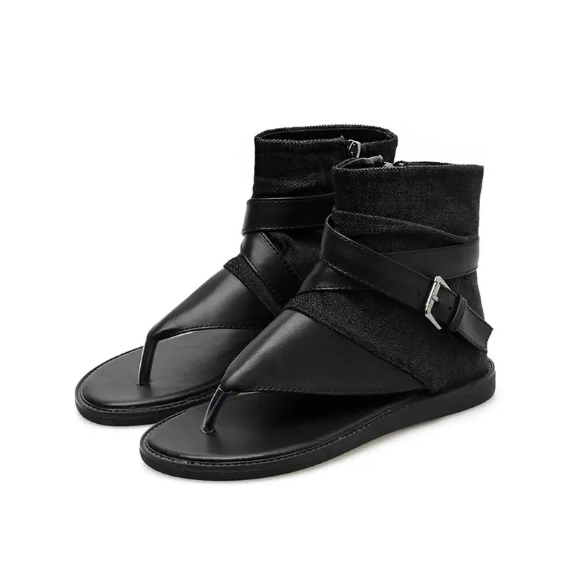 Black Korean-style thong-toe high-top sandals for women, flat-soled Roman-inspired shoes with a modern spring and summer design.