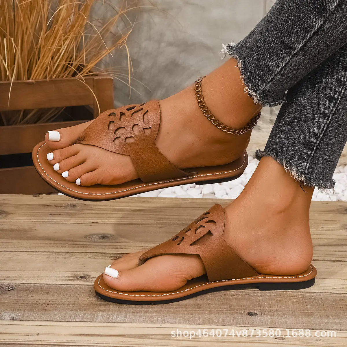 Black European and American flat thong sandals for women with hollow design, casual summer beach slippers by SHOPEZRA L.L.C.