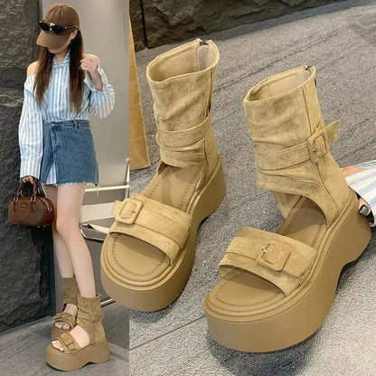 Platform Thick-Soled Height-Increasing Thong Sandals for Women 2025 New Summer Sandals Western Cowboy Pile Boots Flip-Flops Short Boots by Dropshipman