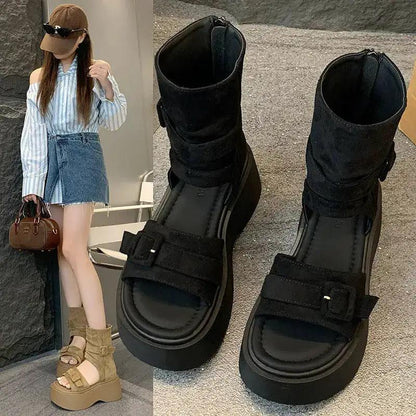 Platform Thick-Soled Height-Increasing Thong Sandals for Women 2025 New Summer Sandals Western Cowboy Pile Boots Flip-Flops Short Boots by Dropshipman