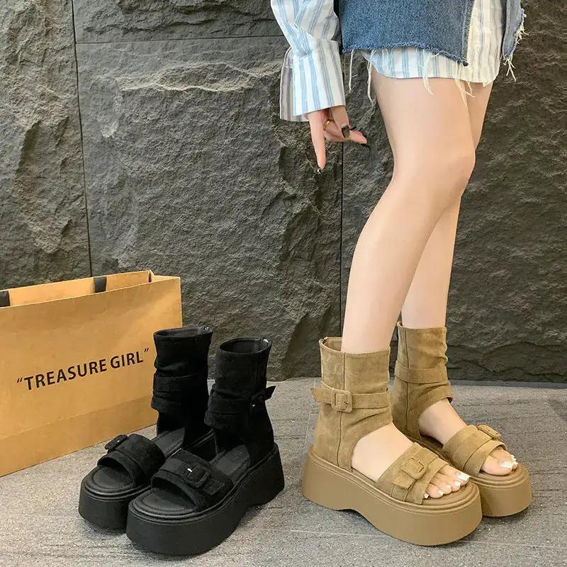 Platform Thick-Soled Height-Increasing Thong Sandals for Women 2025 New Summer Sandals Western Cowboy Pile Boots Flip-Flops Short Boots by Dropshipman