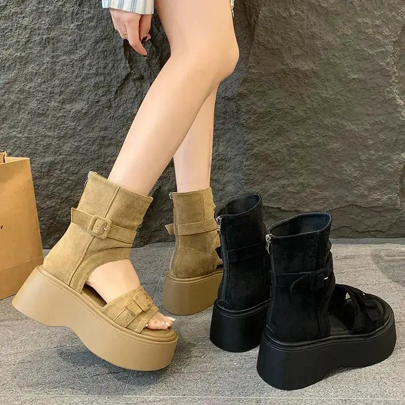 Platform Thick-Soled Height-Increasing Thong Sandals for Women 2025 New Summer Sandals Western Cowboy Pile Boots Flip-Flops Short Boots by Dropshipman