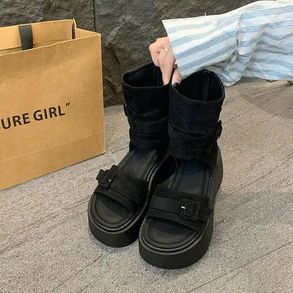 Platform Thick-Soled Height-Increasing Thong Sandals for Women 2025 New Summer Sandals Western Cowboy Pile Boots Flip-Flops Short Boots by Dropshipman