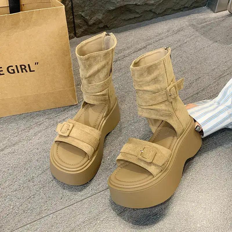 Platform Thick-Soled Height-Increasing Thong Sandals for Women 2025 New Summer Sandals Western Cowboy Pile Boots Flip-Flops Short Boots by Dropshipman