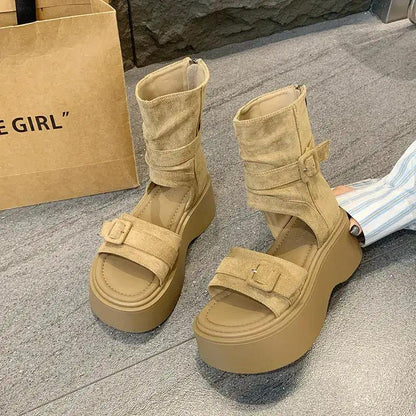 Platform Thick-Soled Height-Increasing Thong Sandals for Women 2025 New Summer Sandals Western Cowboy Pile Boots Flip-Flops Short Boots by Dropshipman