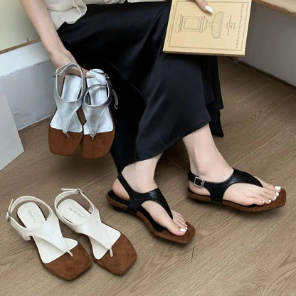 Retro Design Sandals 2025 Summer New Square Toe Thong Sandals Special-Shaped Heel Small Herringbone Women&