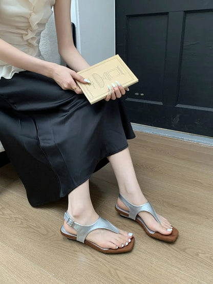 Retro Design Sandals 2025 Summer New Square Toe Thong Sandals Special-Shaped Heel Small Herringbone Women&