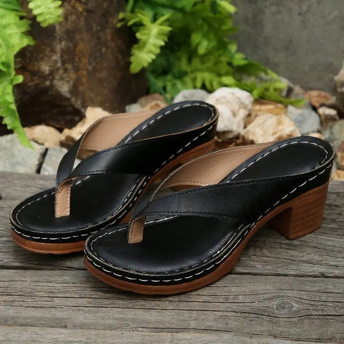 Black women's summer slippers with thick heels, thong design, casual outdoor beach sandals, large size from SHOPEZRA L.L.C.