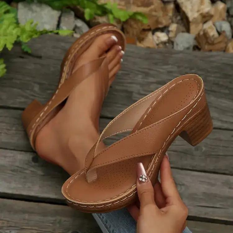 2025 Summer New Export Large Size Slippers for Women European and American Thong High Heels Thick Heels Casual Outer Wear Beach Sandals for Women by Dropshipman