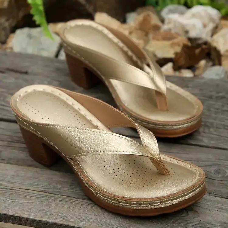 2025 Summer New Export Large Size Slippers for Women European and American Thong High Heels Thick Heels Casual Outer Wear Beach Sandals for Women by Dropshipman